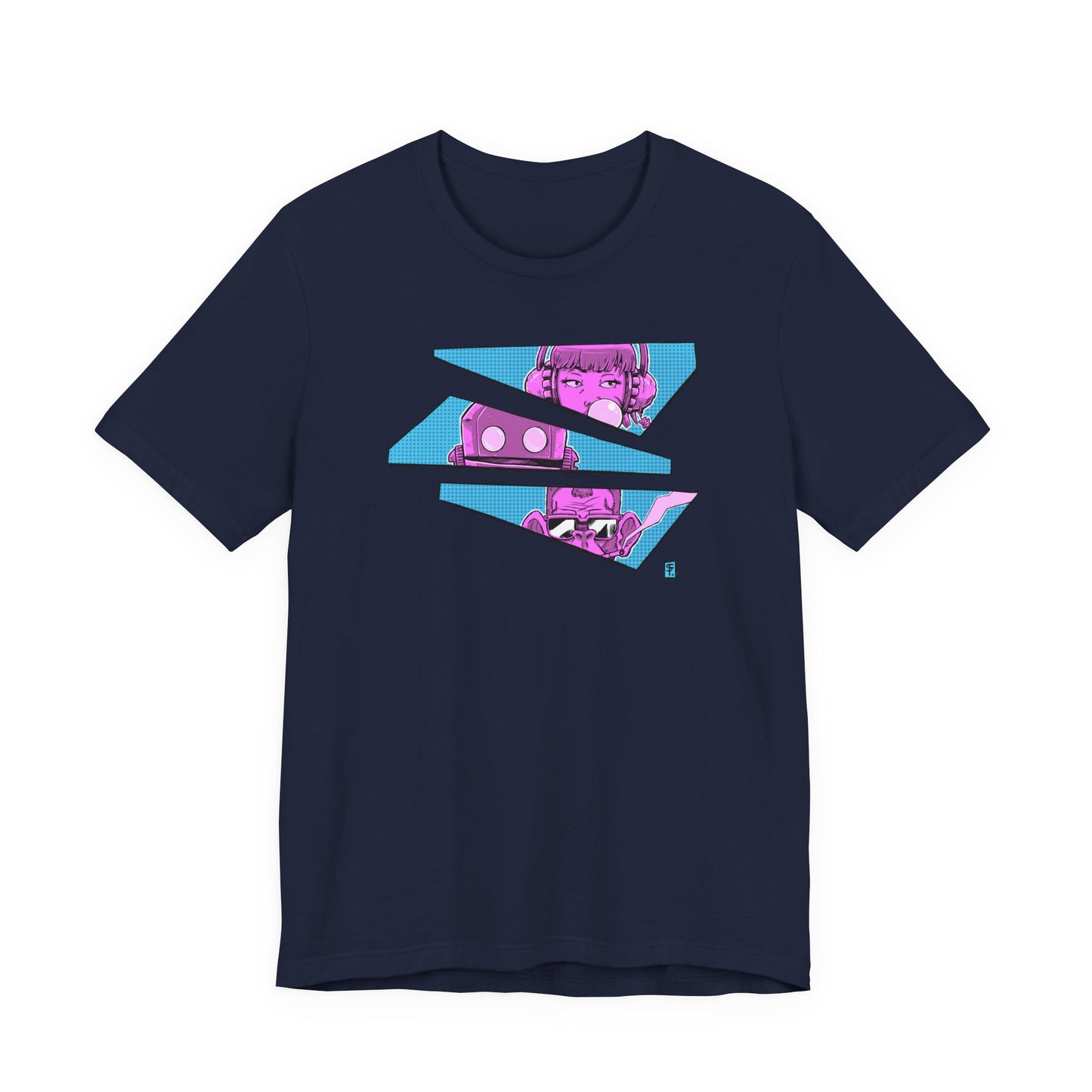 Cyberpunk Crew t-shirt on a Navy Blue Bella+Canvas shirt. Original design by Fenczik Studios featuring vibrant pink and light blue art of a girl, robot, and monkey in a futuristic vaporwave style.