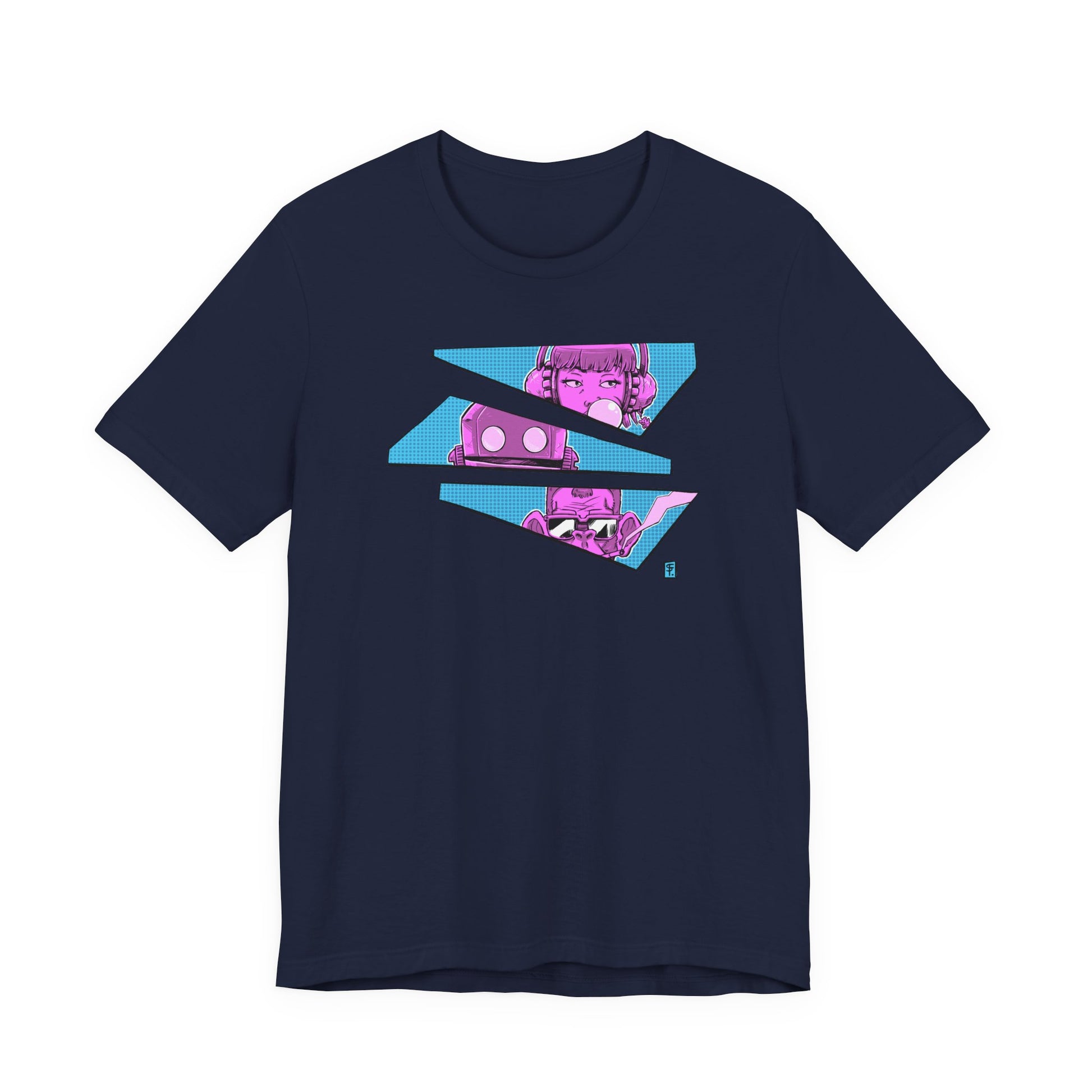 Cyberpunk Crew t-shirt on a Navy Blue Bella+Canvas shirt. Original design by Fenczik Studios featuring vibrant pink and light blue art of a girl, robot, and monkey in a futuristic vaporwave style.