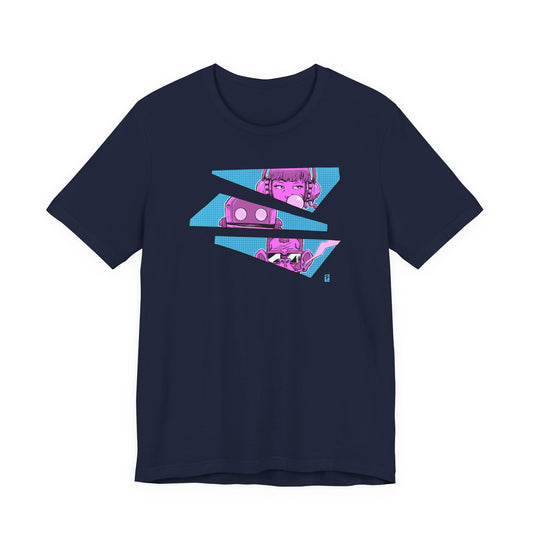 Cyberpunk Crew t-shirt on a Navy Blue Bella+Canvas shirt. Original design by Fenczik Studios featuring vibrant pink and light blue art of a girl, robot, and monkey in a futuristic vaporwave style.